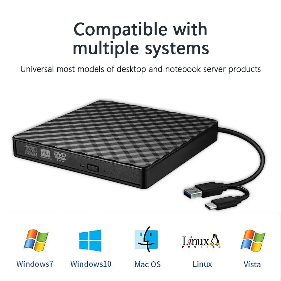 2in1 USB 3.0 TypeC 슬림 외장 DVD RW CD 라이터 드라이브 버너 리더 플레이어 광학 드라이브 (노트북 데스크탑 PC DVD 버너용)