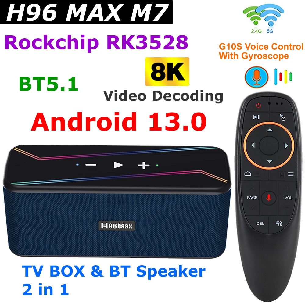 H96 MAX M7 BT5.1 Speaker 7W*2 Output Bass Sound 52mm Full-range Android 13.0 TV BOX Rockchip RK3528 8K Video Decoding Dual Wifi