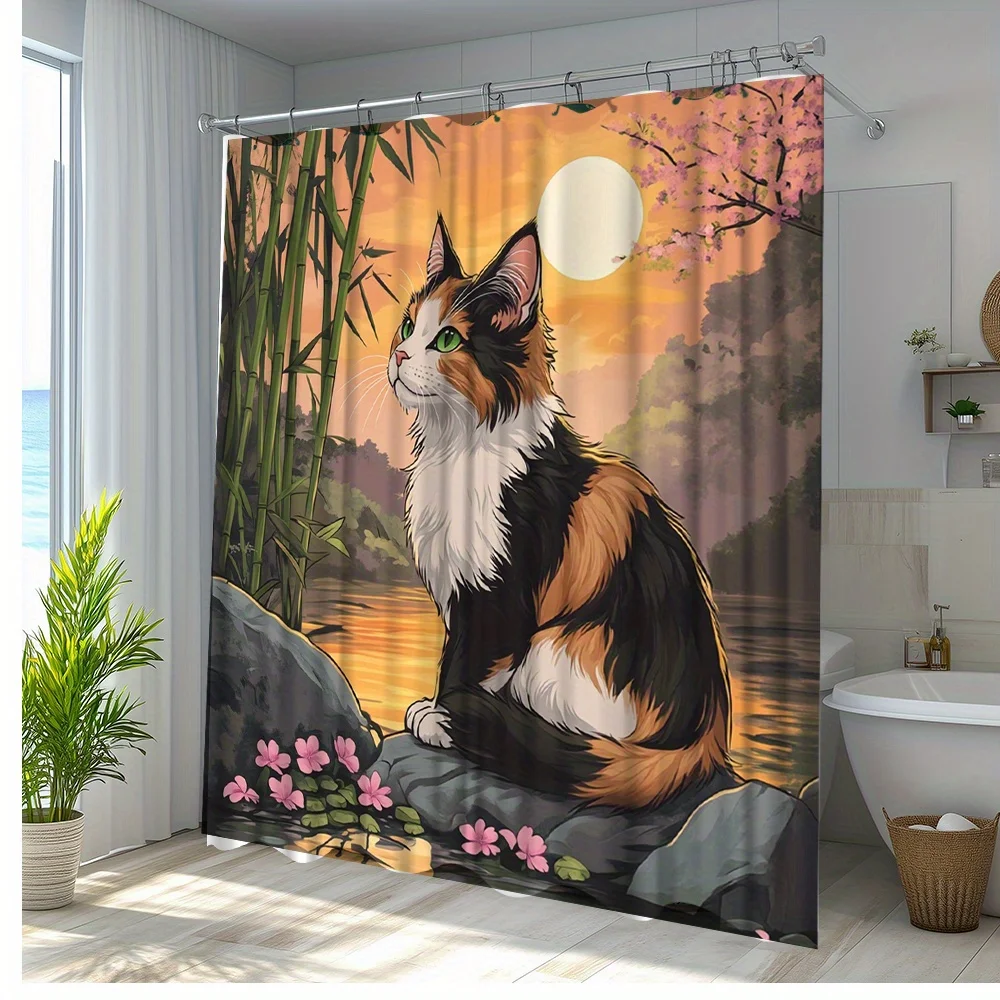1pc Cat Sunset Shower Curtain - Colorful Nature Scene with Calico Cat, Bamboo & Cherry Blossoms, Polyester Fabric Bathroom Decor