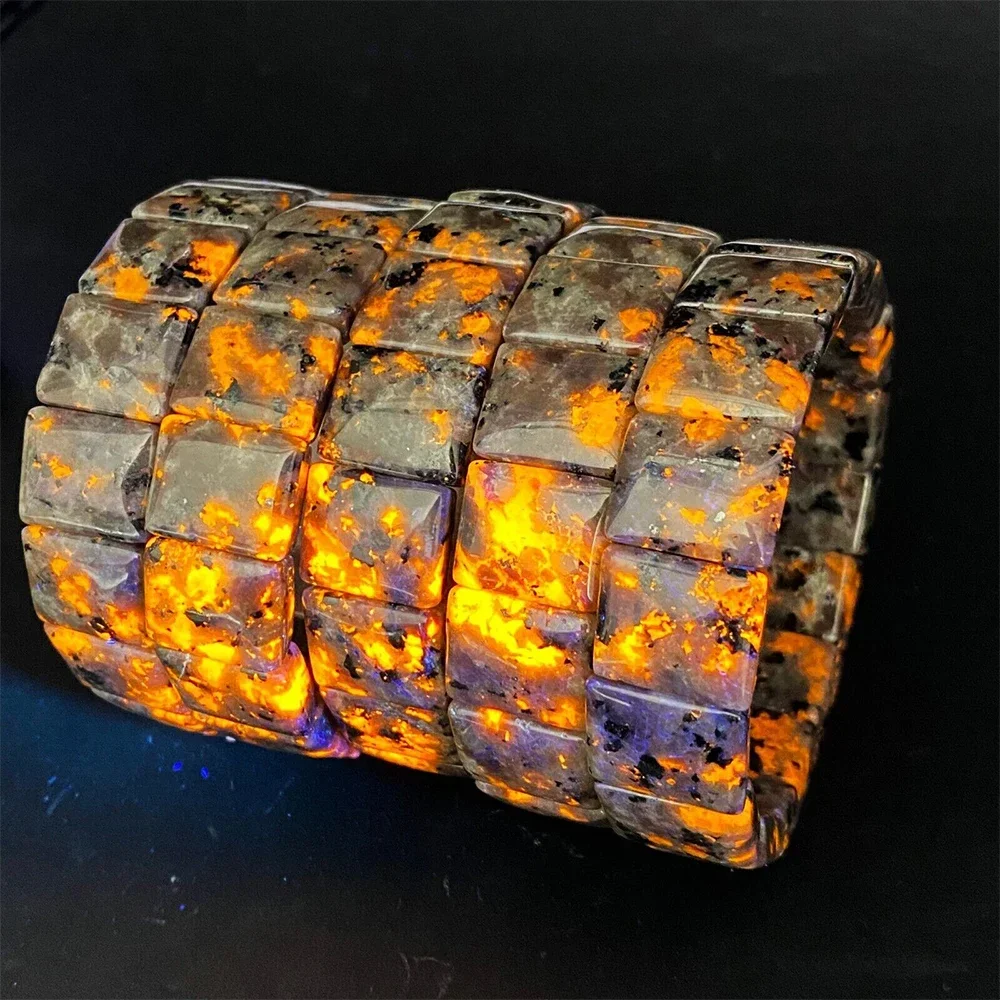 Natural Yooperlite Stone Bangle Flame Gemstone Energy Healing Power Block Bead Quartz Bracelet Jewelry for Men Women Mascot Gift