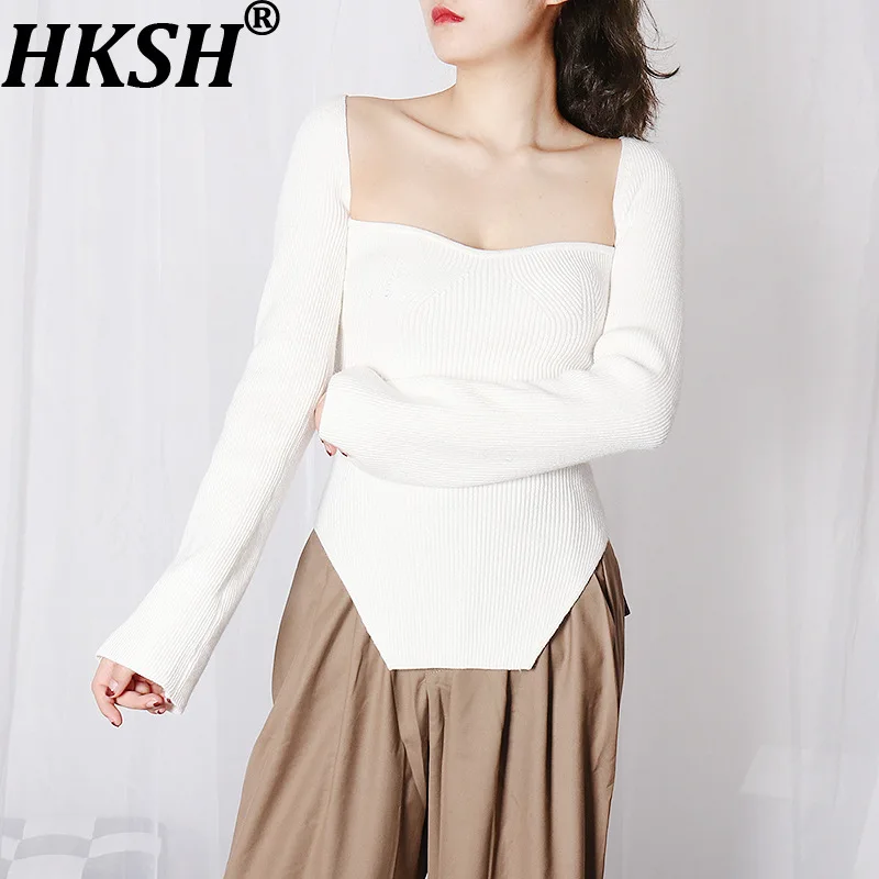 

HKSH Women Chic Knitted Pullover Sweater Irregular Hem Long Sleeves Solid Color Slim Fit Sexy Top New Spring Autumn 2026 HK19540
