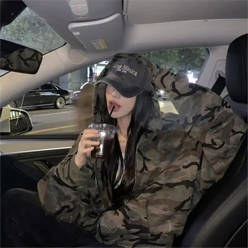 American Retro Camouflage Hoodie Women's Loose Design Casual Long  Zipper Top Versatile Autumn Wear