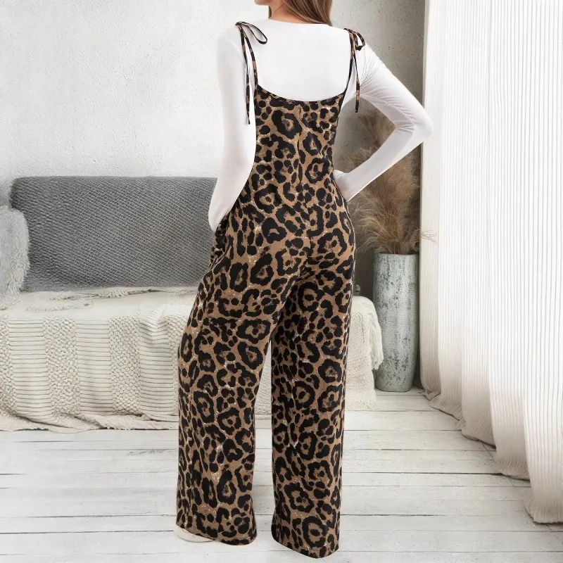 Maternity Wear New Leopard Print Overalls Adjustable Shoulder Strap Wide Leg Pants Casual Pregnant Woman Jumpsuit