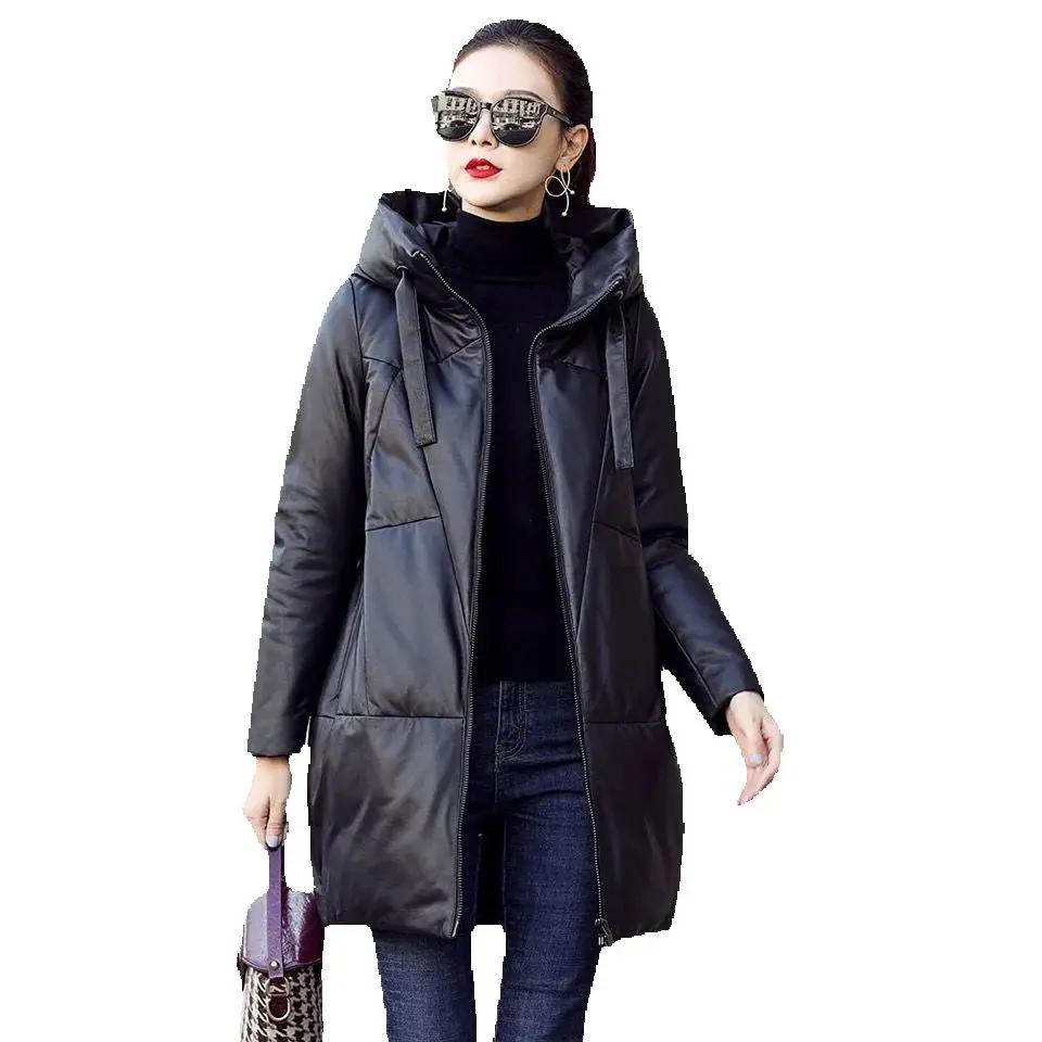 الشتاء شرنقة من نوع سميكة فضفاضة مبطنة بالقطن سترة سميكة سترات سوداء بولي معطف معطف جلد مقنعين أسفل ملابس قطنية المرأة #1