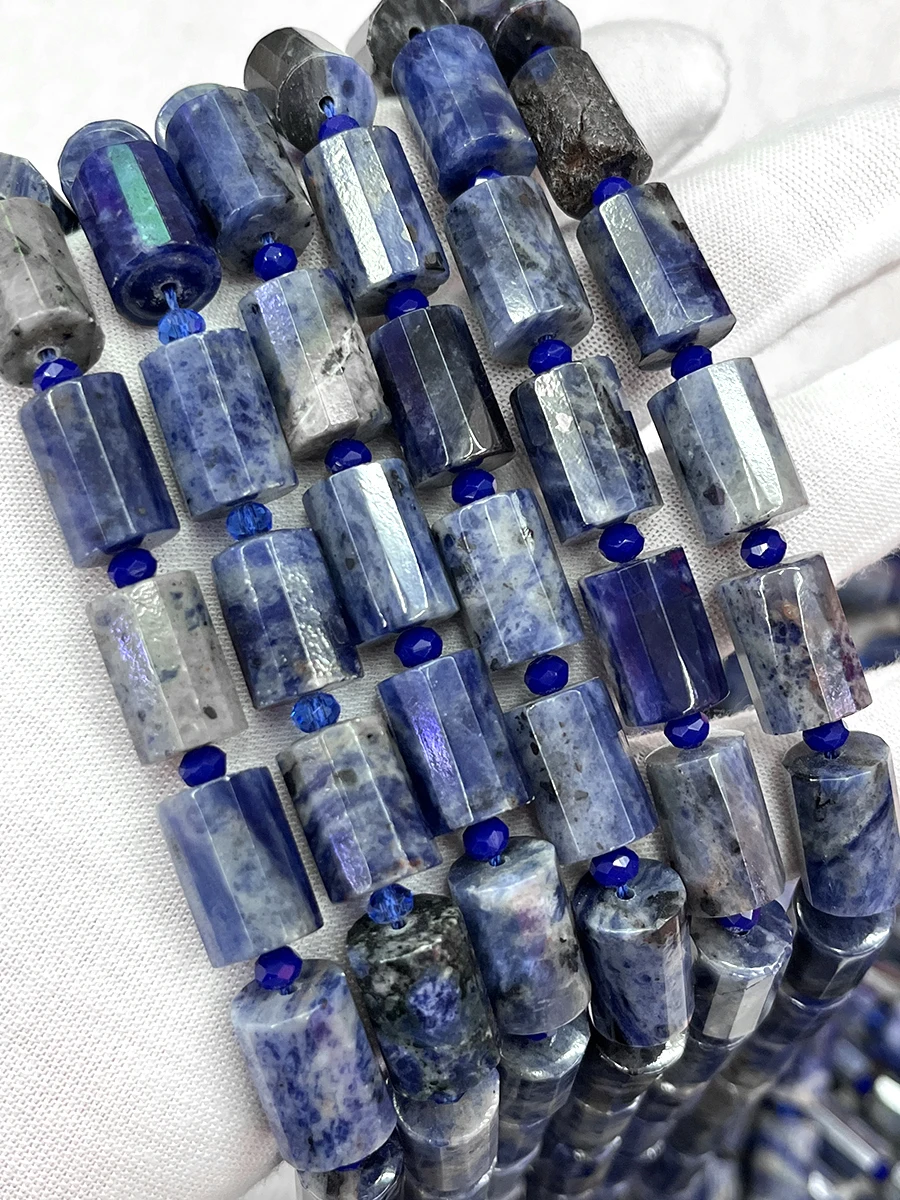 

Natural Sodalite Crystal Cylindrical Stone Nahcolite Beads Faceted Loose Spacer For Jewelry Making DIY Necklace Bracelet 15''