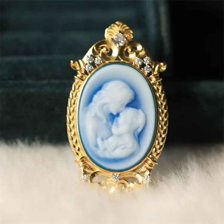 

S925 Silver Inlay Agate Camio Mother and Child Brooch Antique Style