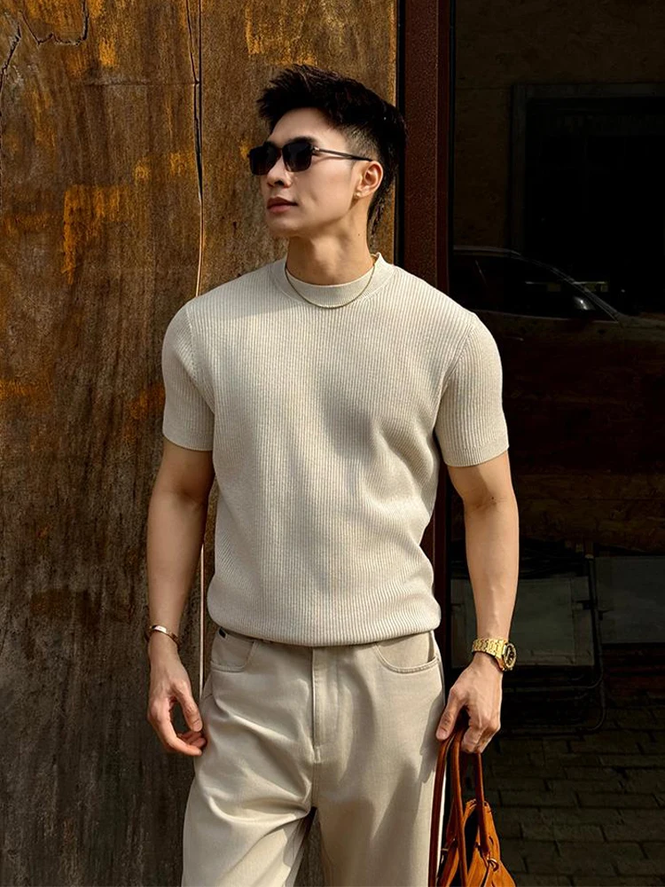 

Мужская футболка Slim Fit в американском ретро-стиле, трикотажная, с коротким рукавом, с маленьким воротником, летняя, эластичная, повседневная