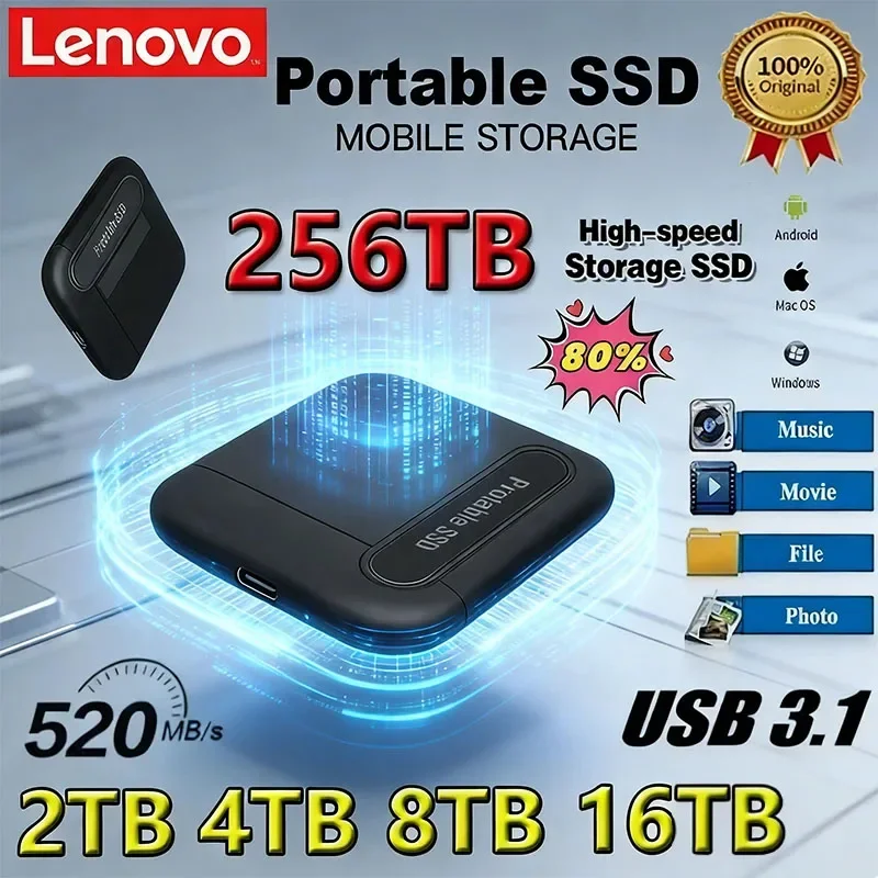 

Оригинальный внешний жесткий диск Lenovo 2 ТБ, 4 ТБ, 8 ТБ, портативный SSD-накопитель USB 3.1 для ноутбуков, ПК и настольных компьютеров