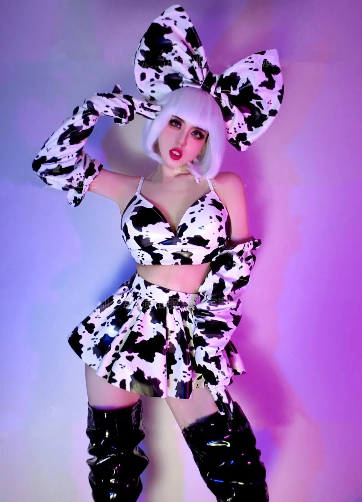 Nightclub Party Club Rave Gogo Sexy Stage Costume Cow Pattern Bikini Skirt Outfits DJ Dancer Team Festival Performance Clothes