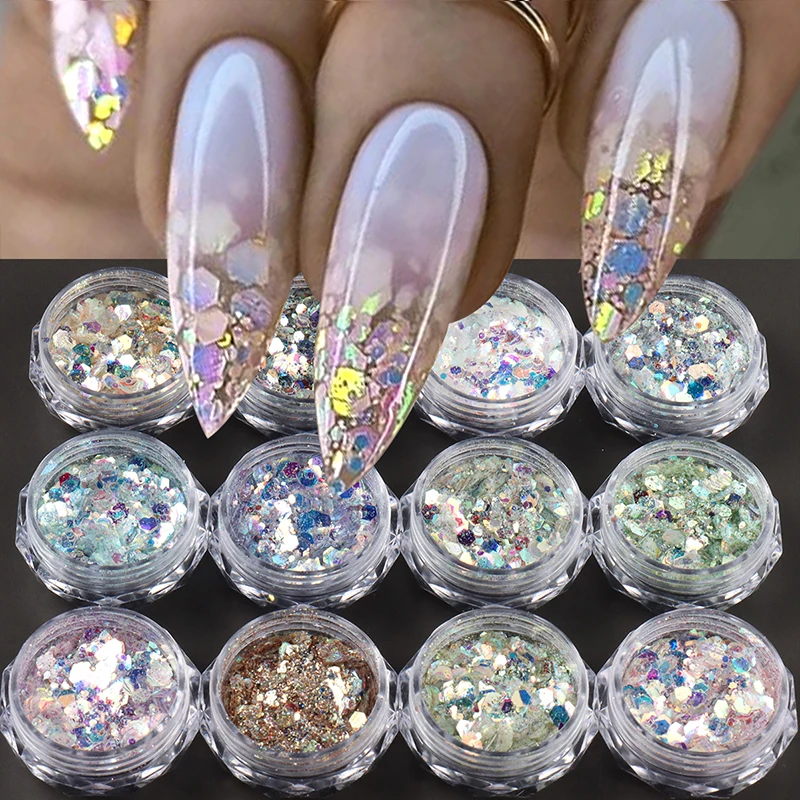 12 صندوق سباركلي مرآة حورية البحر مسمار بريق رقائق هولو قزحي الألوان الحرباء مسدس الترتر الماس الغبار مسمار الفن زينة #1