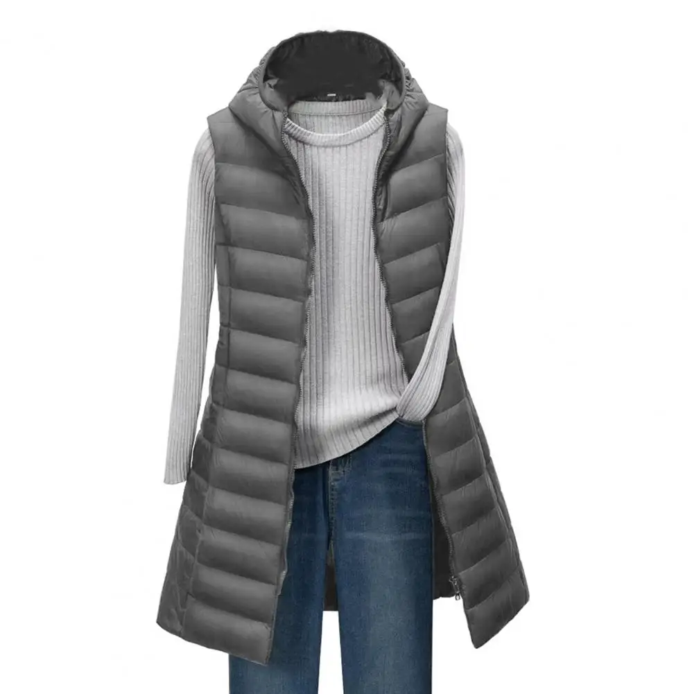 Lightweight Padded Women Vest with Hood Thin Padded Windproof Sleeveles Mid Length Waistcoat Zipper Closure Cardigan Outerwear