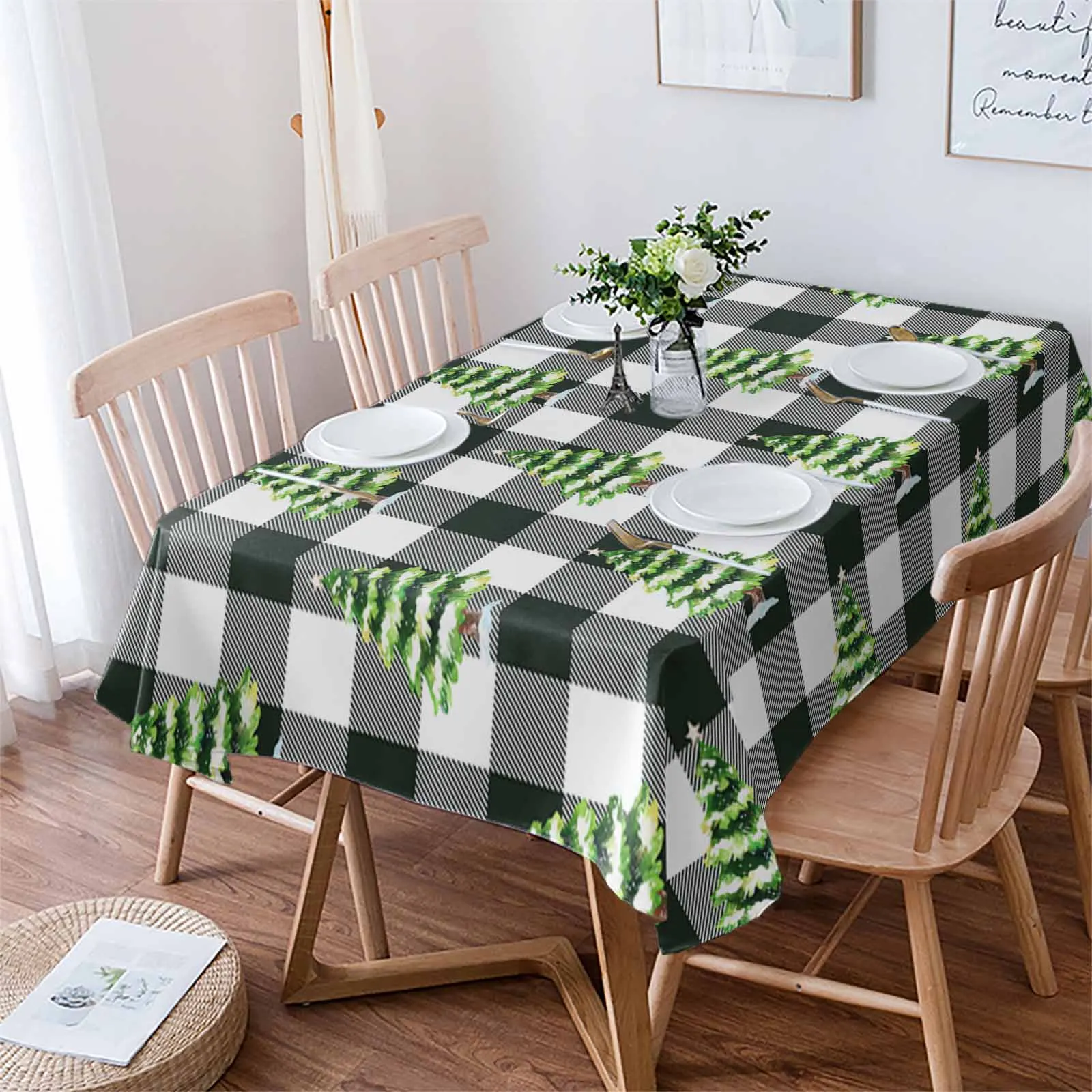 Christmas Tree Grid Hand-Painted  Tablecloth Waterproof Dining Table Rectangular Round Table Cover Home Kitchen Decoration