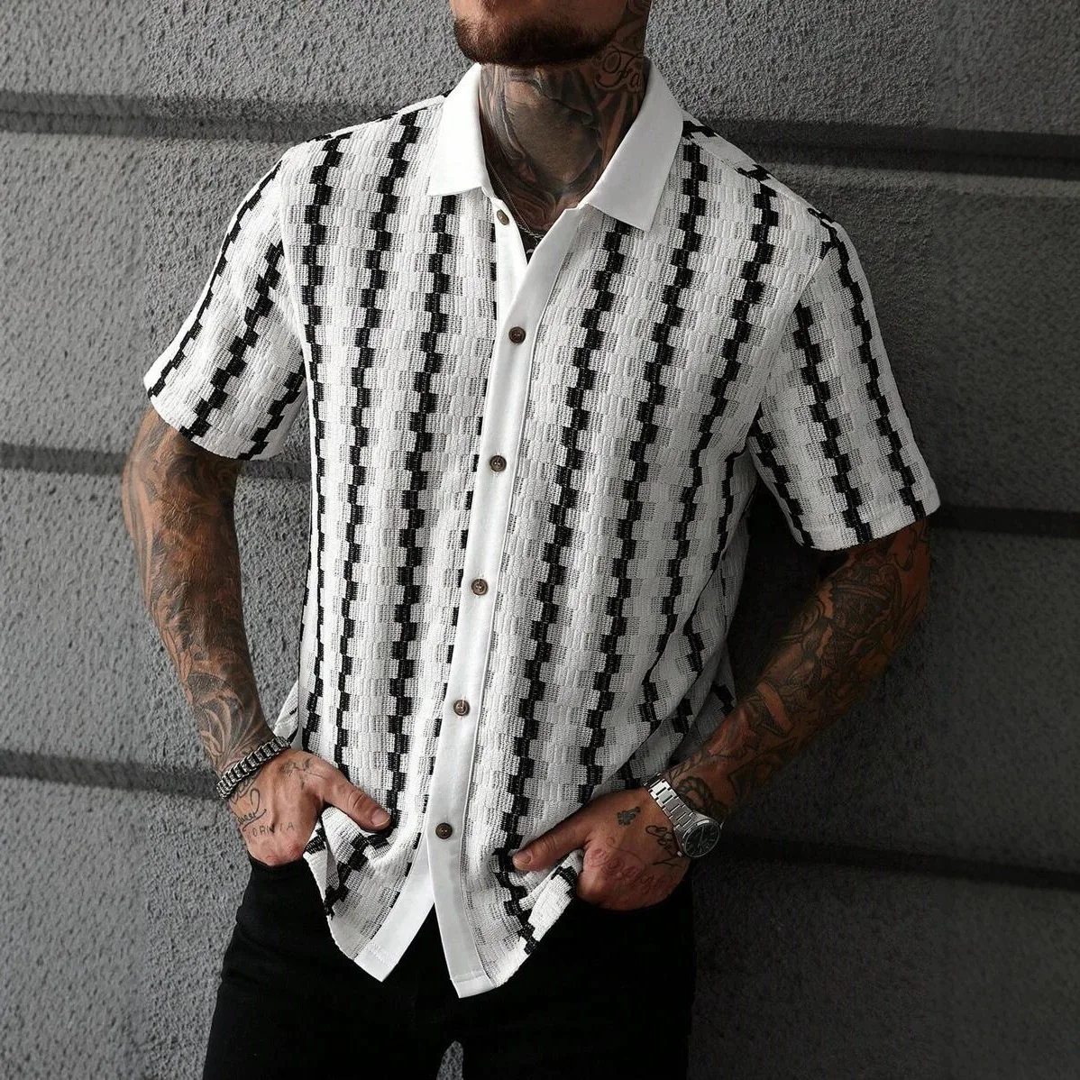 Neues Herren-Retro-Karo-Strickhemd mit kurzen Ärmeln, vielseitiges, lässiges Oberteil mit Charakter