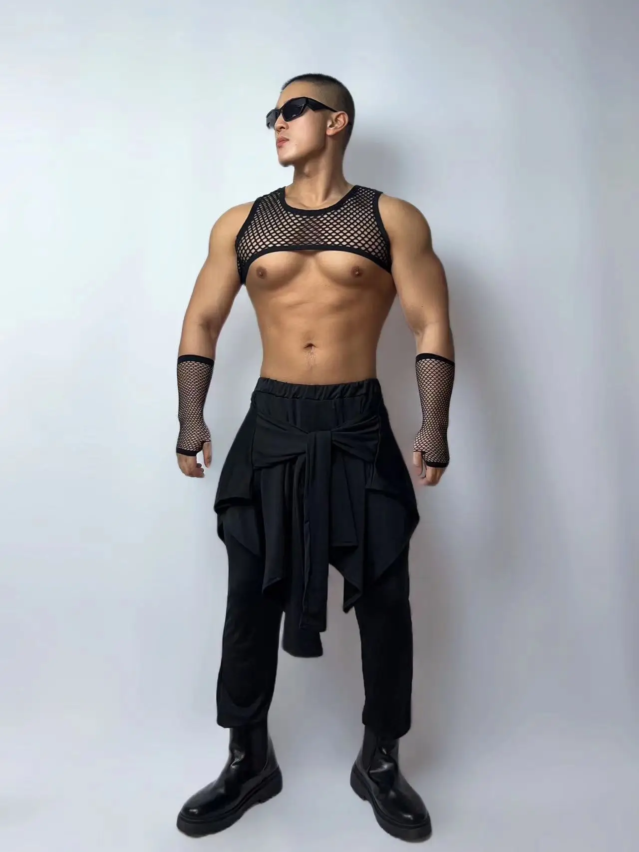 Costume de breven Maille Noire pour Homme, Tenue de Carnaval et Rave, Vêtements de Scène Sexy, GKnitting Show DJ Discothèque, Hip Hop