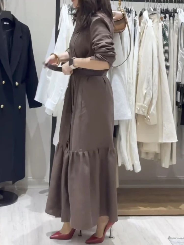 فستان قميص أنيق بصدر واحد للنساء فستان حفلات فضفاض بأكمام طويلة أنيق عالي الخصر ثنيات فستان طويل سادة #5