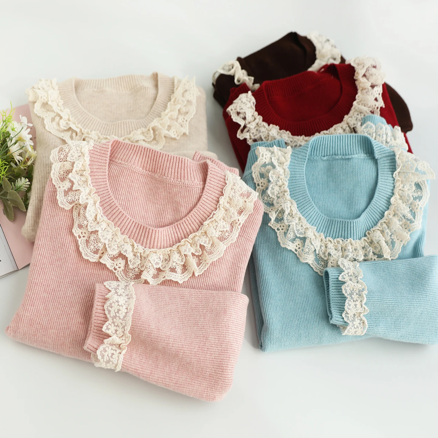 

Japanese Sweet Mori Girl Lace Patchwork Knitted Pullovers Women Autumn Winter Solid Color O-Neck Long Sleeve Casual Sweater Tops