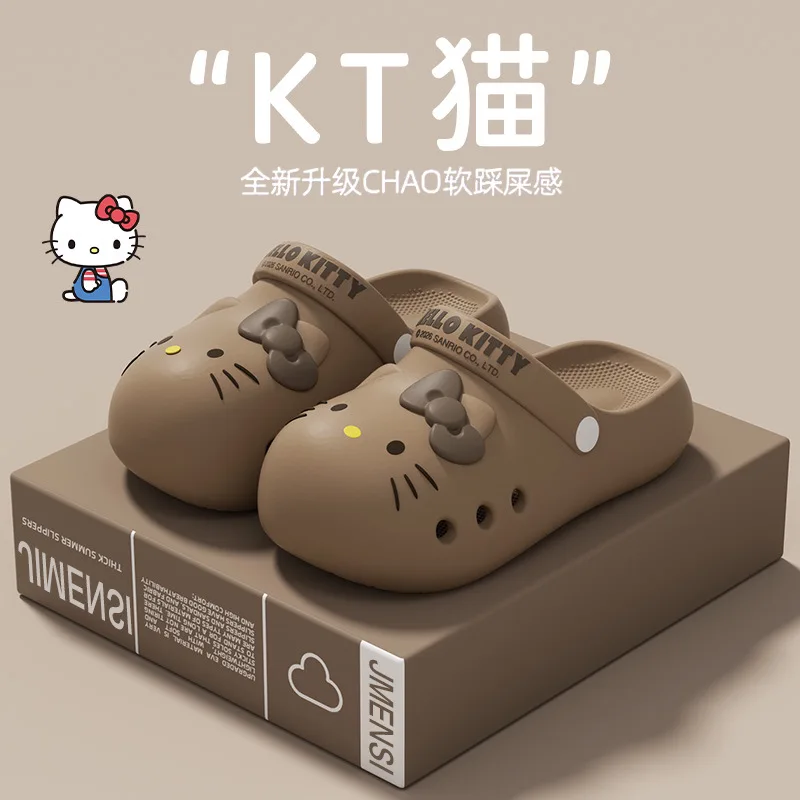 Sandales confortables pour femmes et filles, tendance et mignonnes, nouvelle collection été 2026, Sanrio Hello Kitty, dessin animé, adorable, de bonne qualité, beige café