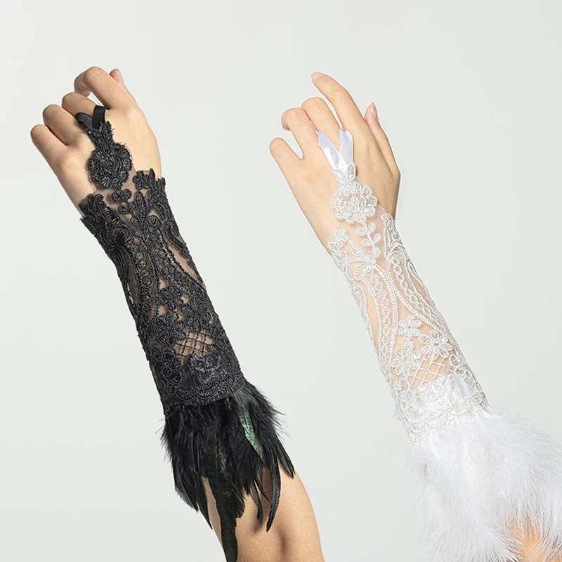 Guantes largos sin dedos de plumas de encaje para mujer, pulsera de malla gótica, puños de boda, accesorios de fiesta de Halloween