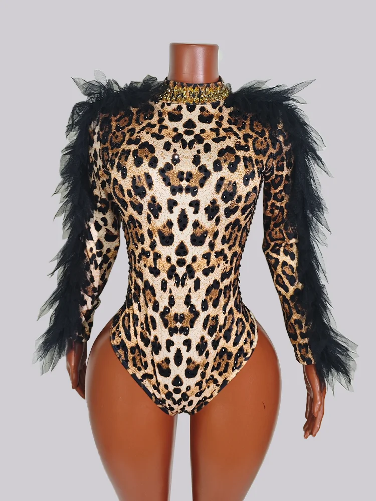 

Sparkle Black Rhinestones Leopard Print Bodysuit Long Sleeve Drag Queen Stage Costume GoGo Performance Dance Wear Festival Show