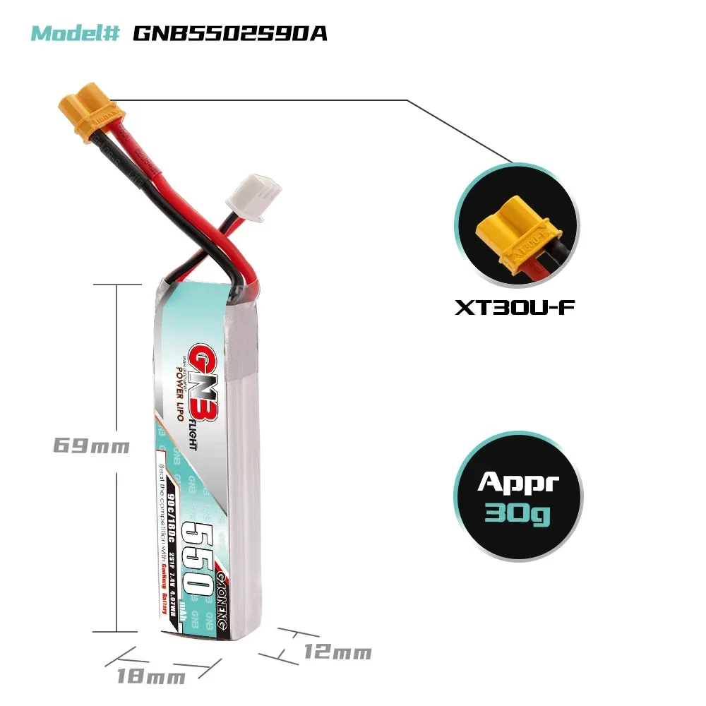 GAONENG GNB 550mAh 2S 90C 180C 7.4V XT30 LiPo Battery Tinyhawk II Small Heli Helicopter Multiroter Mini Micro FPV