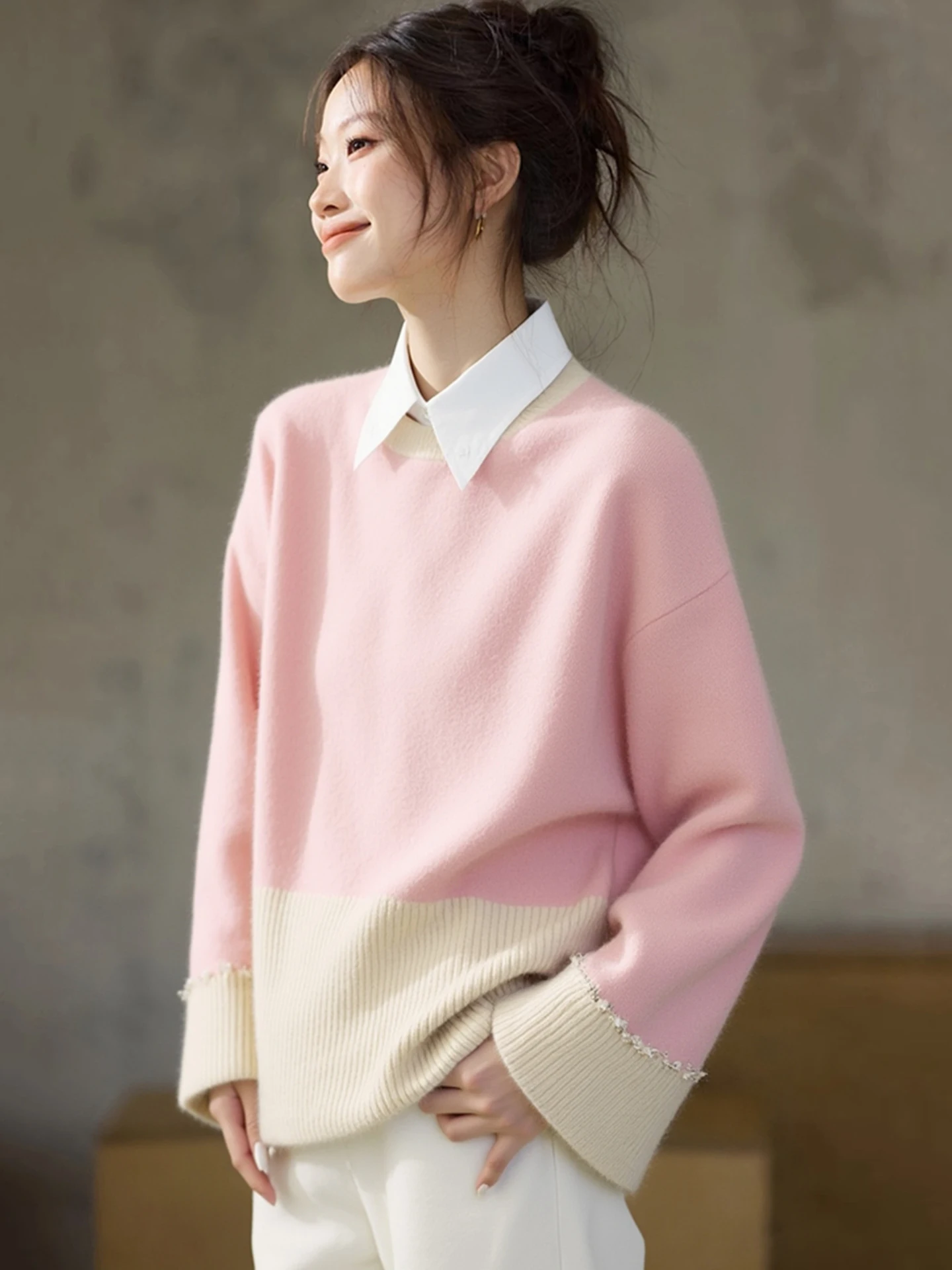

Elegant Pastel Color Block Long Sleeve Knit Sweater Women's Winter Fashion Soft Style Pink Warm Top Korean Style Loose Fit