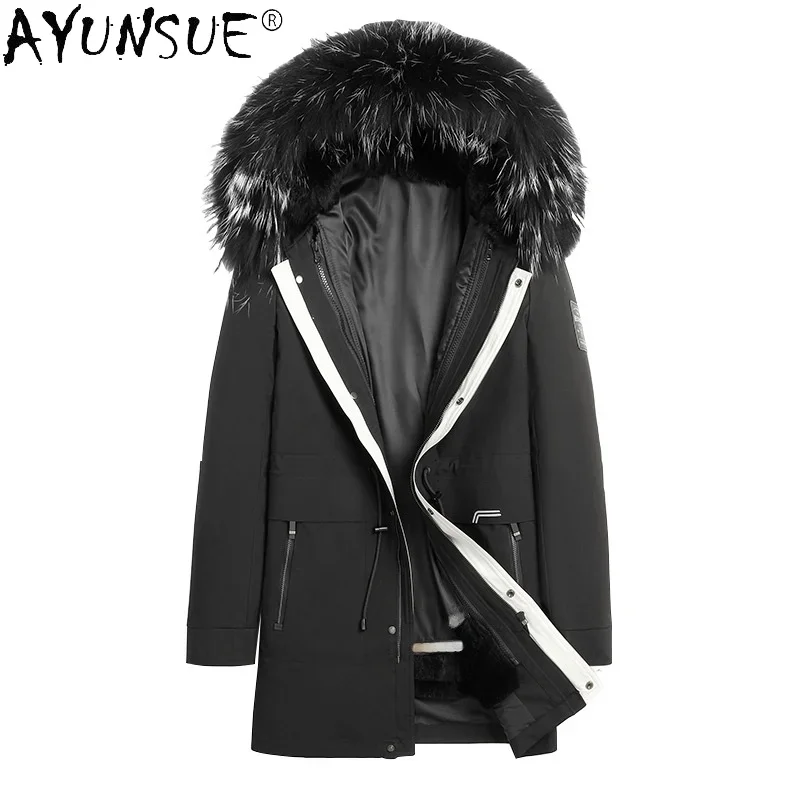 

AYUNSUE 2021 Real Rabbit Fur Men's Parkas Winter Raccoon Fur Collar Biker Jacket for Men Black Warm Coats Chaquetas Hombre Gmm9