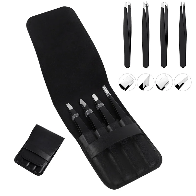 1/4 Pcs / Set Stainless Steel Eyelash Tweezers Professional Lash Extension Eyebrow Hair Remove Supplies With Bag