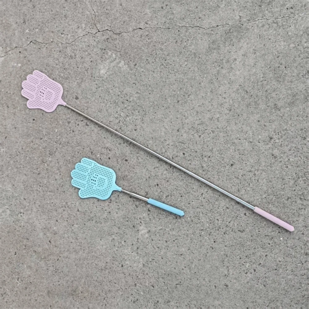 Extendable Retractable Fly Swatter Dense Mesh Stainless Steel Handle Extendable Mosquito Swatter Hand Shaped Macaron Color