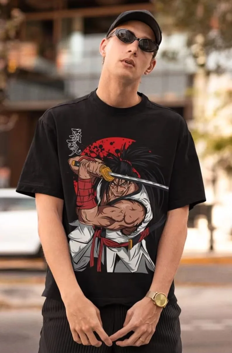 Trendy Unisex Crew Neck Collectible Haohmaru Game Samurai Tee Soft Top Ideal For Night Out And Casual Street Style Looks