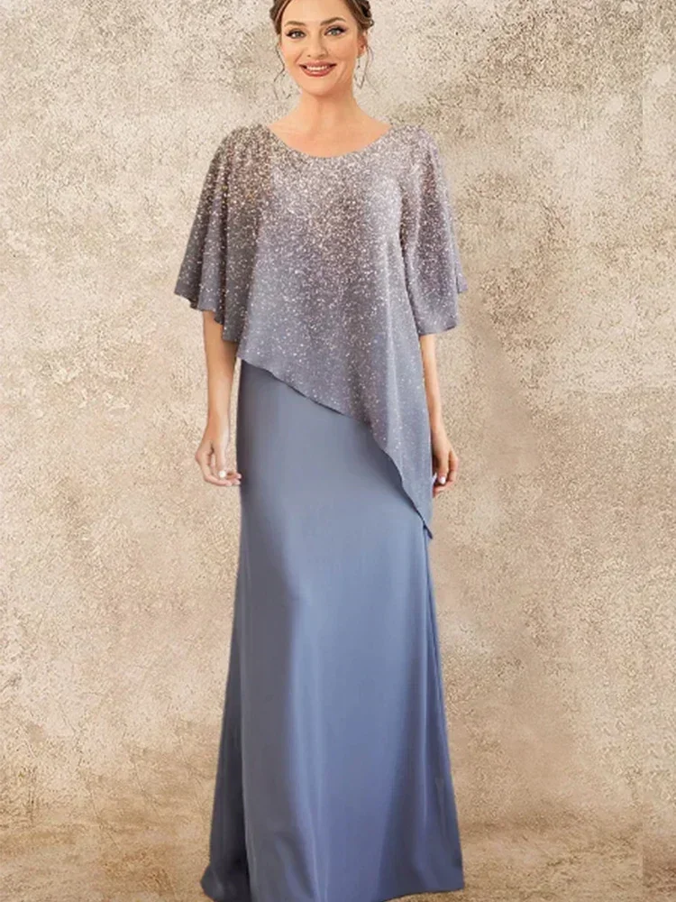 Plus Size Chiffon Mother of the Bride Dresses Dusty Blue Ombre Sparkly Print  Long Evening Gowns Wedding Guest Prom Dress