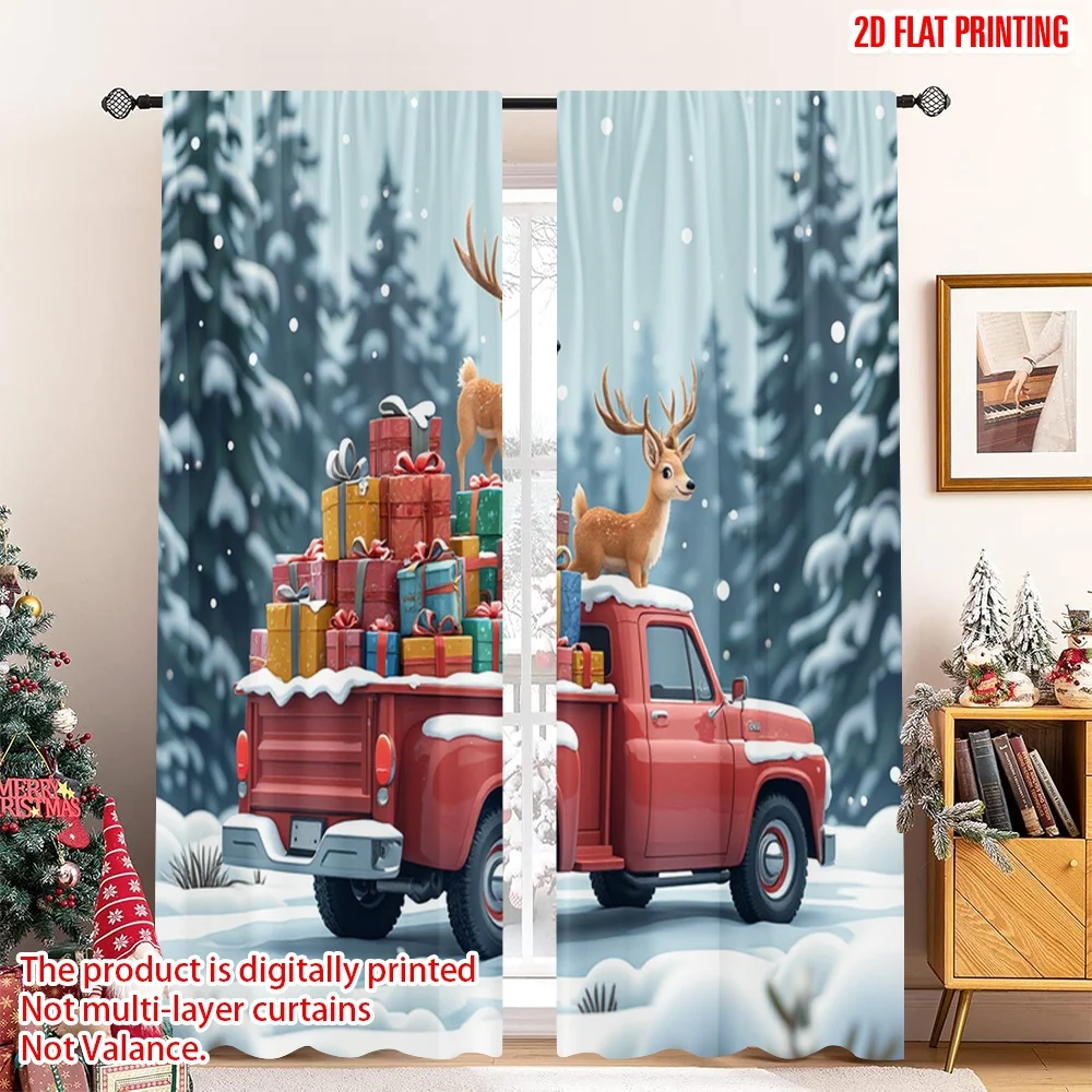 

2pcs 2D flat printing Merry Christmas Popular Drapes Christmas Truck Snowy Deer Gifts Fabric Without Electricity Holiday