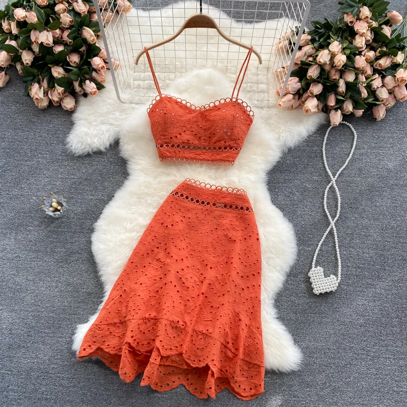 Summer Bohemian Hollow Out 2pcs Set Women Sexy V-Neck Spaghetti Strap Short Tops + High Waist Ruffle Mini Skirt Female Suit 2022