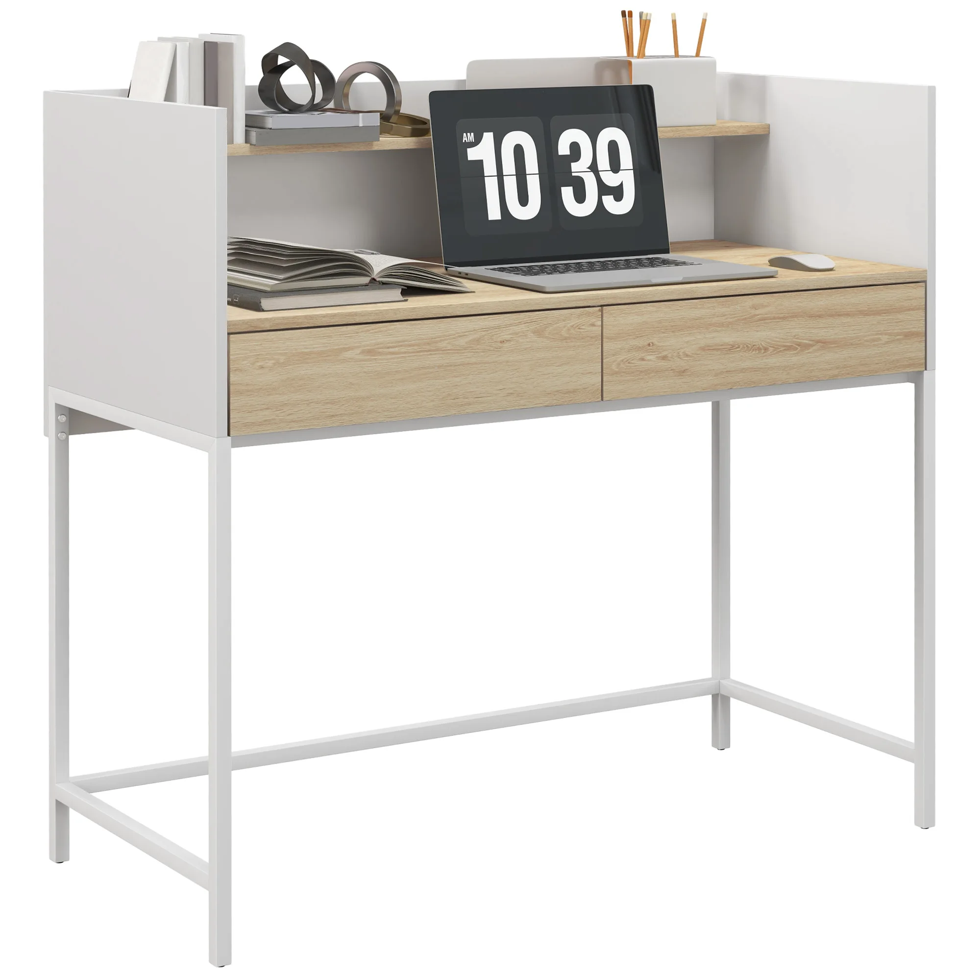 HOMCOM desk with 2 drawers and shelf 106x51,5x102,5 cm white and Oak