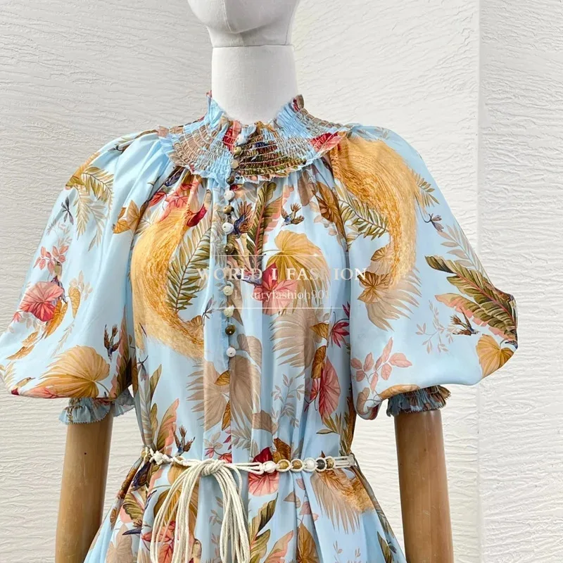 2025년 신상 여름 플로럴 프린트 반팔 빈티지 고급 실크 플리츠 스탠드 칼라 롱 드레스 여성용