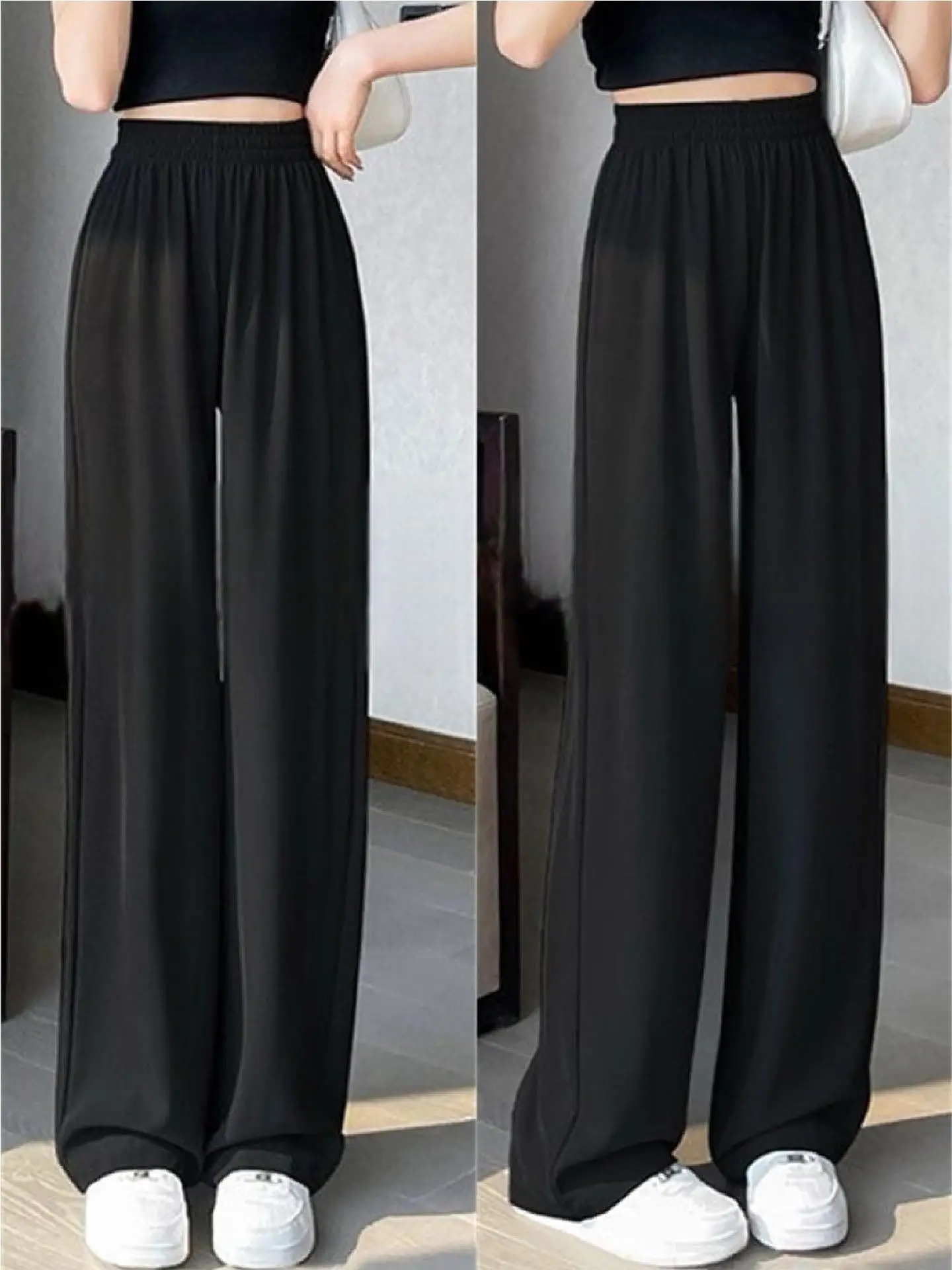 Slim Fit Casual Pants Women's Summer Thin Elastic Waist Straight Leg High Waist Conceal Meat Slimming Drapey Wide Leg Pants
