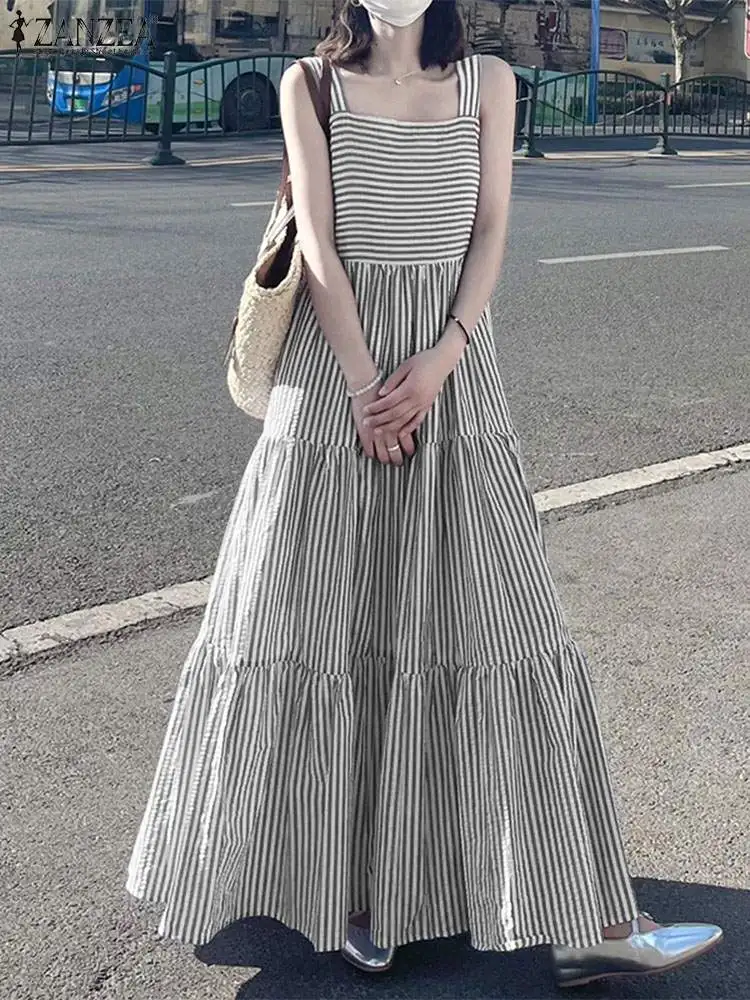 ZANZEA Fashion Women Vintage Square Neck Holiday Long Sundress Robe Femme Vestido Summer Sleeveless Striped Beach Maxi Dress