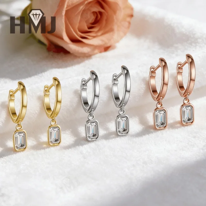 

Серьги-кольца изумрудной огранки длиной 1-2 карата, цвет D, муассанит, посеребренные серьги-гвоздики 925 пробы для женщин, модный повседневный рождественский подарок, качество