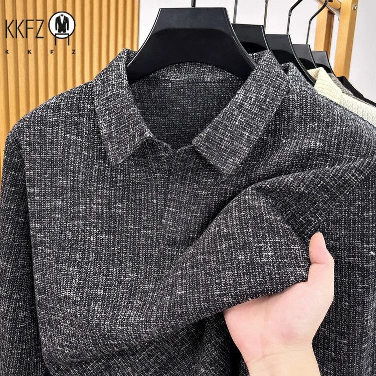 Mens Slim Lapel Knit Pullover Textured Knitting Material Half Button Placket Long Sleeve Casual Autumn Winter Clothing