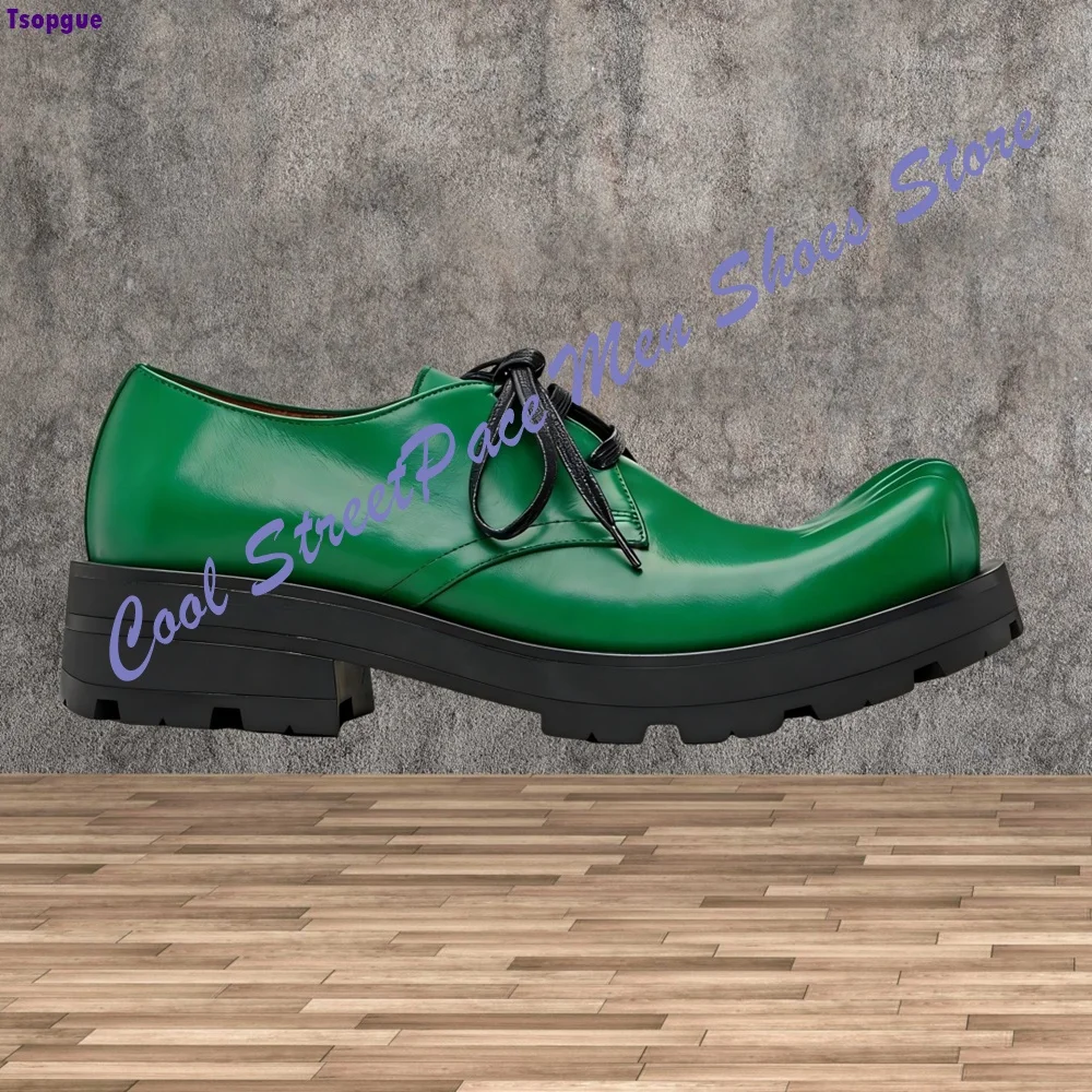 Green Color Split Toe Derby Dress Shoes Men Black Polished Leather Lace Up Chunky Thick Sole ashion Runway Handmade Casual Shoes