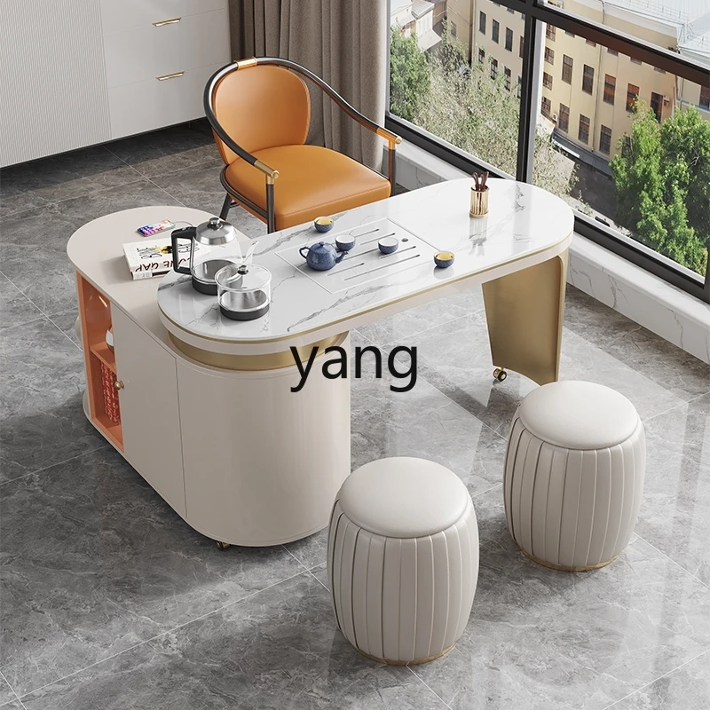 

TGF Light Luxury Modern Minimalist Rock Board Balcony Tea Table Small Movable Kung Fu Tea Cart Tea Brewing