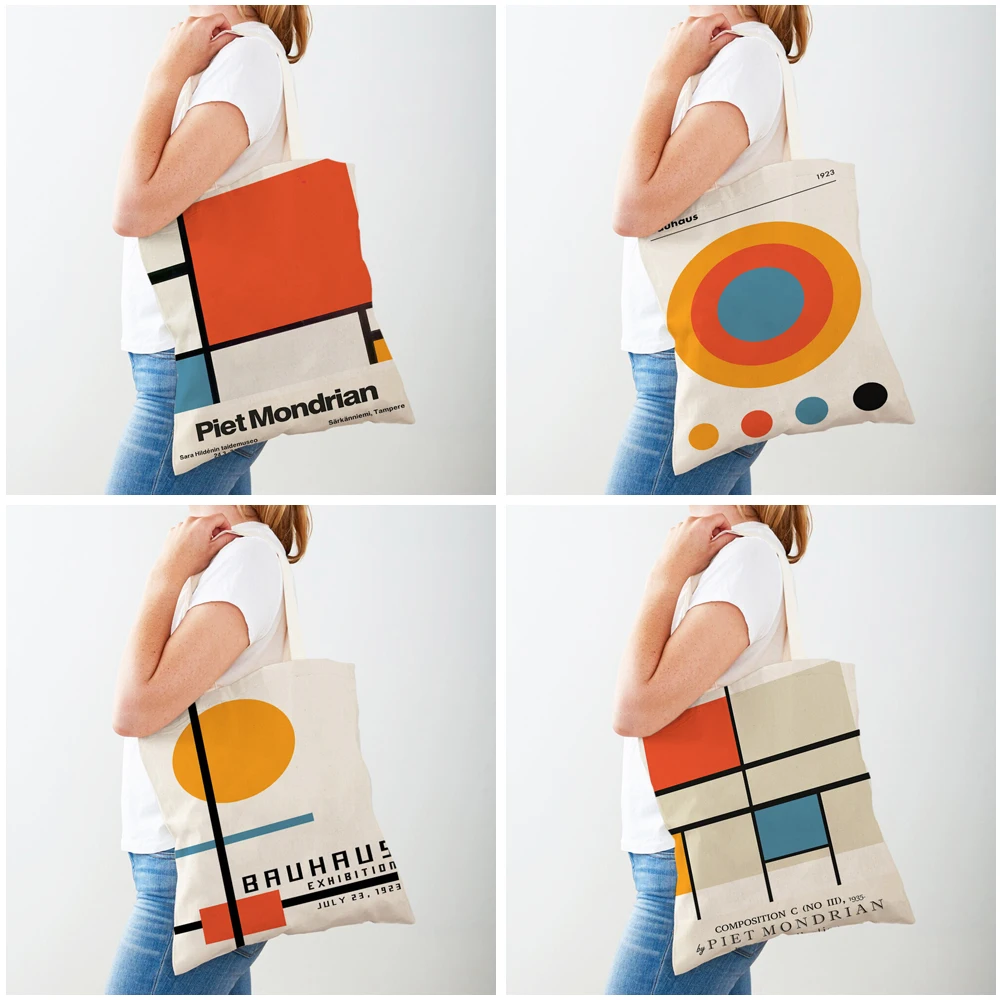 Piet Mondrian linea geometrica Color Block doppia stampa Shopping Bag donna Shopper borse Lady Canvas Tote borsa da viaggio riutilizzabile