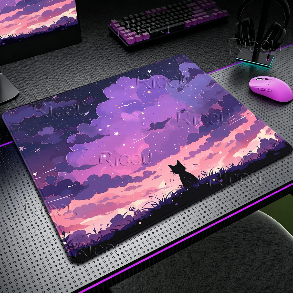Cute Black Cat Mouse Pad XS Pastel Cloud Deskmat Office Computer Game Table Mats Rubber Anti-slip Mousepad Small Decort Desk Pad