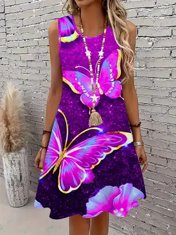Women'S Casual Sports Dress Vibrant Purple Butterfly Print Women's Dress Sleeveless Tank Top with Sparkling Stars Y2k Clothes