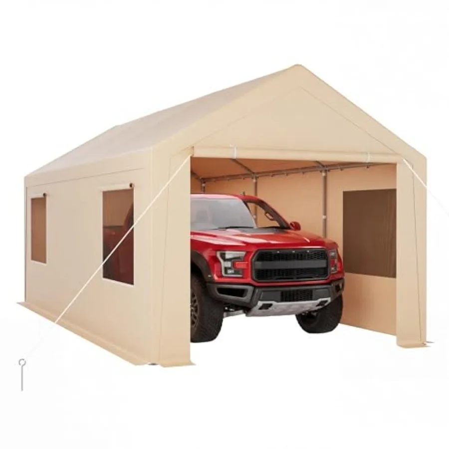 Feet Portable Carport, Heavy-Duty Outdoor Car Shelter with Removable Sidewalls, Doors and Ventilated Roll-Up Windows, Garage Te