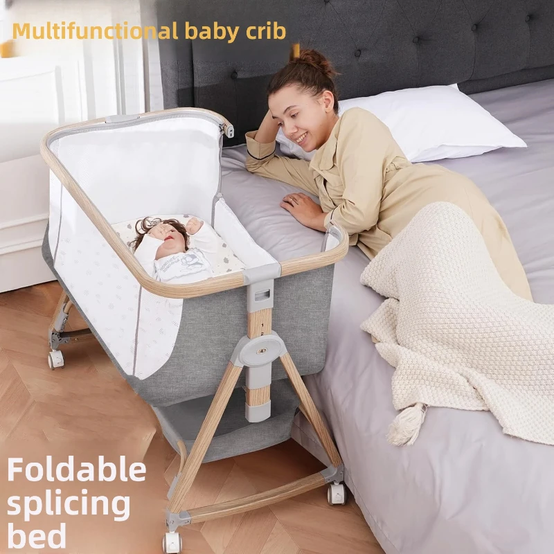 

Foldable Baby Crib with Wheels Portable Newborn Bassinet Convertible Bedside Sleeper Attaches to Adult Bed