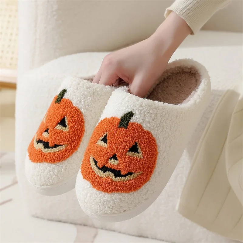 

Halloween Pumpkin Slippers Women Thick Bottom Winter Indoor Anti Slip Smiling Face Cotton Slippers Soft Bottom Comfort Slippers