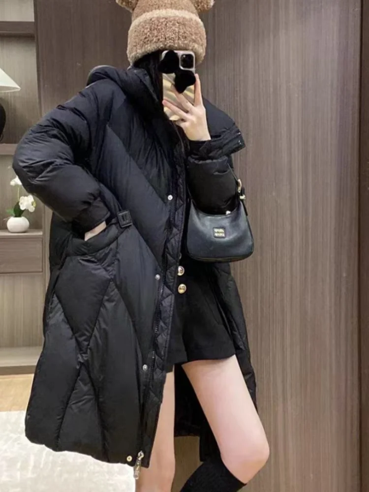 White Duck Down Hooded Jacket, Warm Coat, Soft, Medium-length Parka, Lazy Leisure Bread Jacket, Winter Fashion