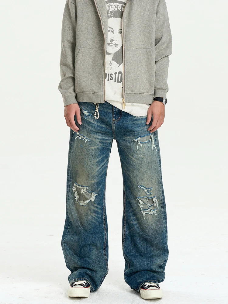 

Retro American Street Waed Outdated Jeans Hole Patch Loose Straight Cotton Men's Casual Pants Vintage Sle