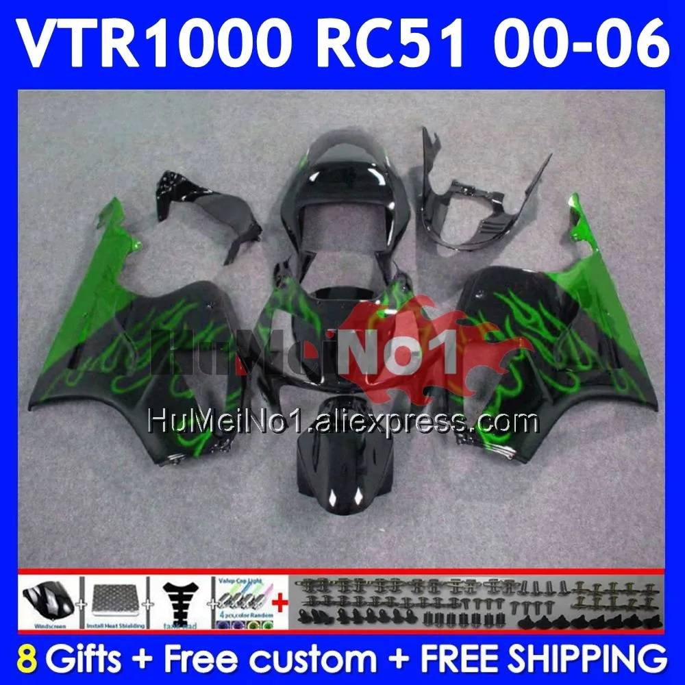 Body For HONDA VTR1000 RC51 01 02 03 2004 2005 2006 68No.43 SP1 SP2 VTR 1000 2000 2001 2002 2003 Green Flames 04 05 06 Fairings