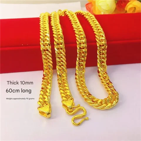 Electroplated 24K Vietnamese Sand Gold Dragon Pattern Necklace Thickened 6-8-10-12mm Double Buckle Side Chain for Fashion Jewelr